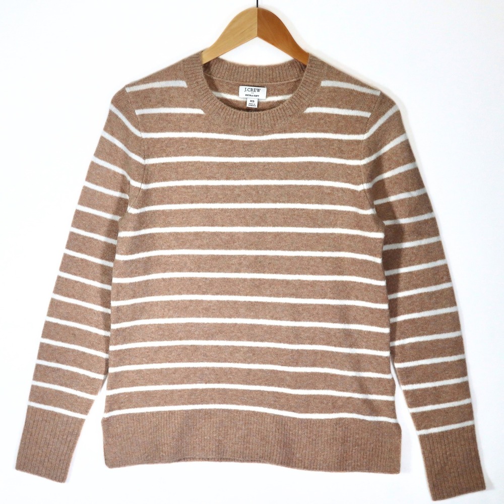J.Crew Sweater Women XS Tan White Striped Extra-Soft Merino Blend Casual